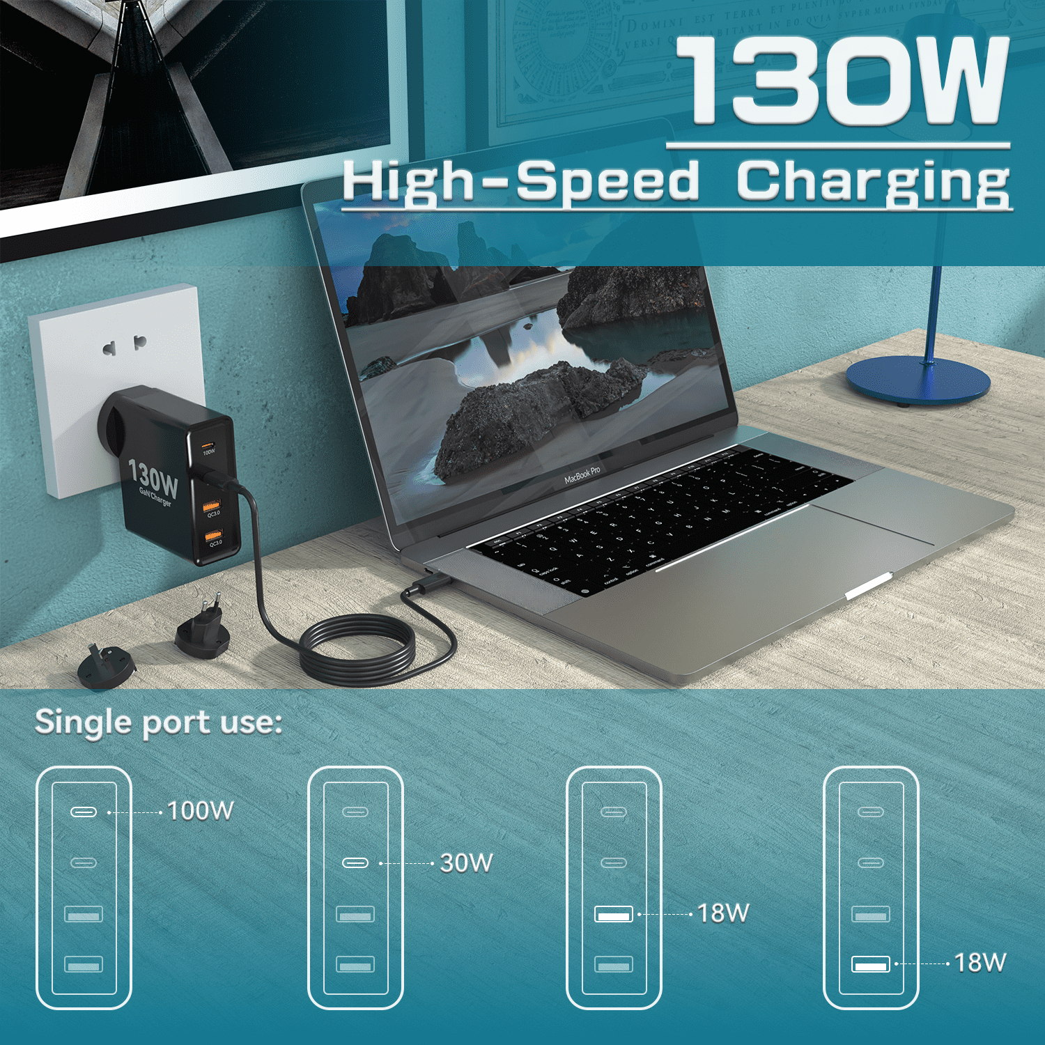 VUOHOEG 130W GaN USB C Charger 4 Ports USB C Charging Station Multi Port Type-C Fast Charging Hubs Wall Charger Block for Cell Phone Laptop iPad Chromebook