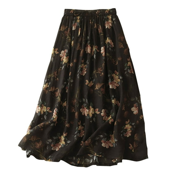 Pntutb Womens Black Skirts Vintage Floral Mid-Length A-Line Skirt Girls
