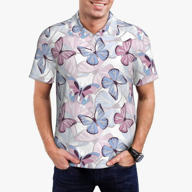 Fotbe Butterflies in Pastel Camiseta Polo de Golf para Hombre con Estampado – Camisa Deportiva Transpirable con Cuello Abotonado-Medium