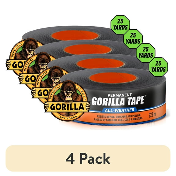 (4 pack) Gorilla All Weather Duct Tape, Black, 1.88" x 25 yd - UV and Temperature Resistant Waterproof Tape for Outdoor Repairs
