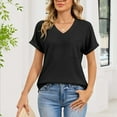 thumbnail image 5 of VEKDONE Waffle Knit T Shirt for Women Summer Roll Short Sleeve V-Neck Tunic Tops Solid Color Loose Fit Lightweight Pullover Top Housewear Knitwear Black XXL, 5 of 6