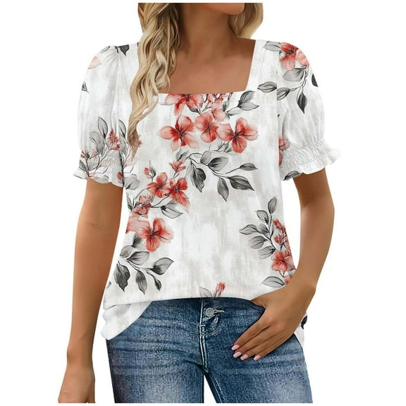 Women's Fashion Tops Square Neck Puff Short Sleeve Printed Shirts Casual Loose Fit Blouses Soft Comfy Clothes (XL, White)
