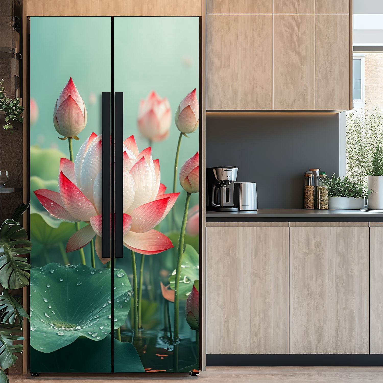 Self Adhesive Vinyl Refrigerator Wrap Set Lotus Flower Bloom Pink White Spiritual Calm Water Garden Door Mural Removable Fridge Sticker Peel and Stick&nbsp;Full Door Cover Decal Kitchen Bar Decor
