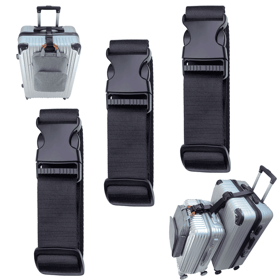 Luggage Straps, 3-Pack Heavy Duty Adjustable Suitcase Belt, Travel Attachment for Connecting Luggage, Nylon Suitcase Connector Strap, Black