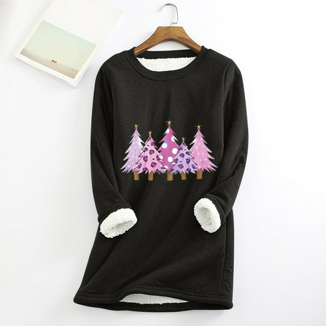 Meihcang Chandails en Molleton pour Femmes Grande Taille Graphique Arbre de Noël Col Rond Chandail d'Hiver Chaud Doublé Sherpa