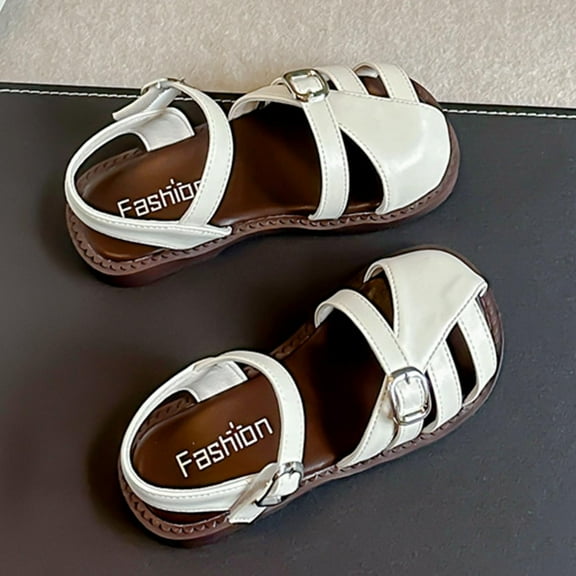 YYYTop Girls Dress Shoes Girls Sandals Open Toe Summer Flats Dress Sandals Shoes Leather Cutout Romas Buckle Sandals Slippers Toddler/Little Kid/Big Kid White