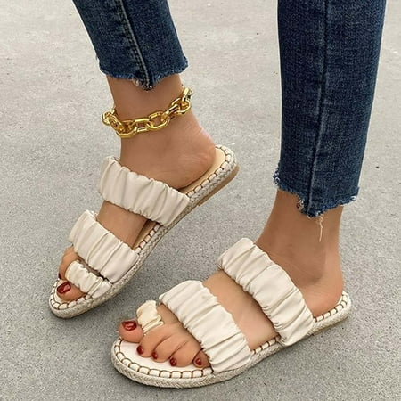 

PhoneSoap Fashion Summer Women Slippers Flat Solid Color Linen Sole Pleated Set Toe Comfortable Casual Beige
