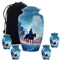 Cowboy Memorial Urn For Men And Woman - Blue Urns For Human Ashes Adult Man - 10 Inch 1 Large Cremation Urn For Male & Female - Small Keepsake Urns For Human Ashes For Mother Set Of 4, 3 Inch