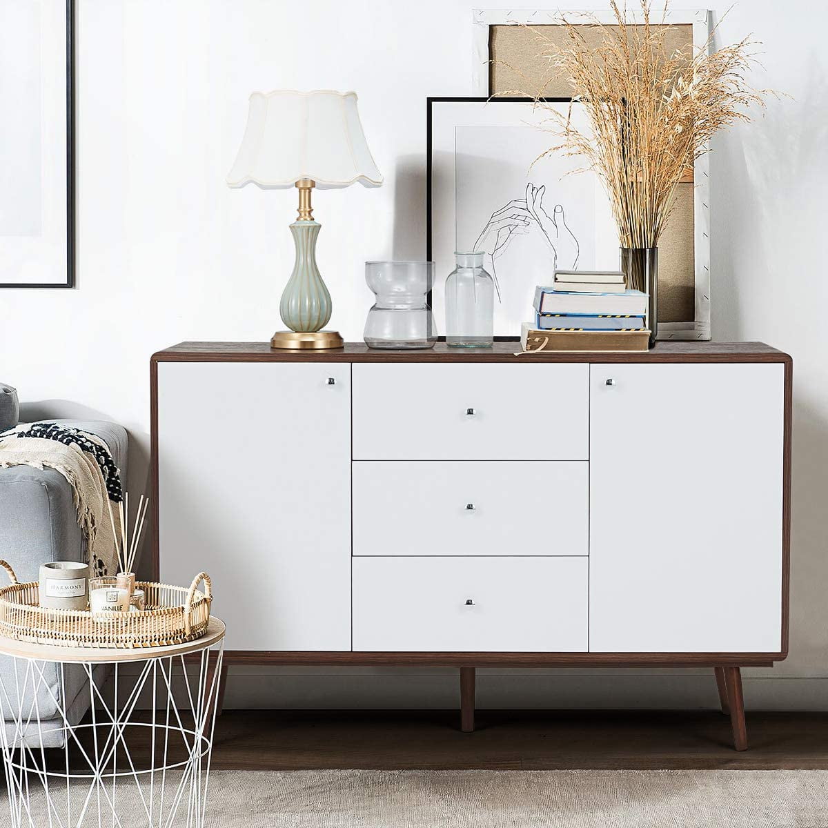 Yoleny Sideboard Buffet Cabinet, TV Stand Modern Console Table with 2 Cabinets and 3 Drawers Entryway Cupboard for Kitchen Dining Room, Walnut Brown ...