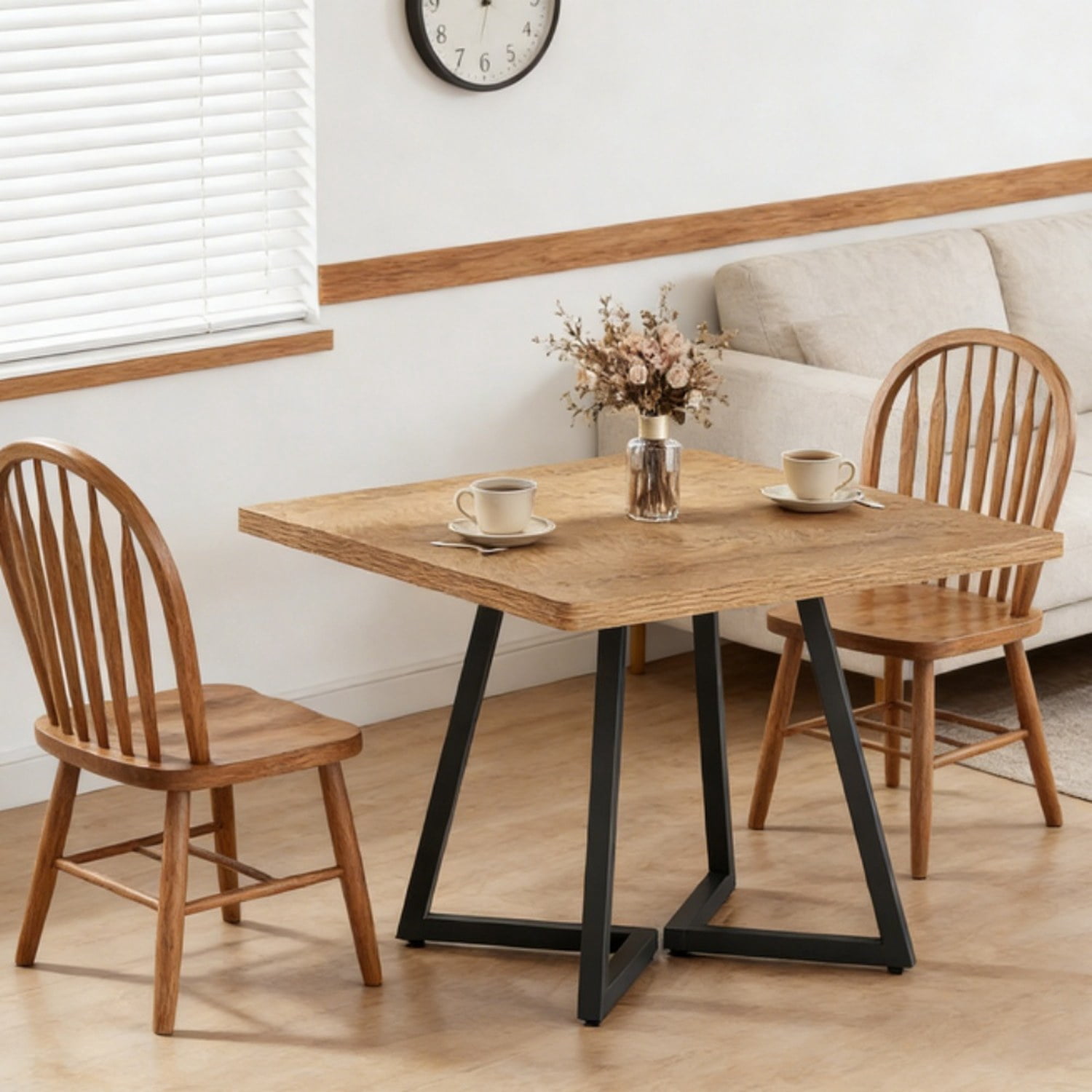 Square Dining Table, Industrial Style, Vintage Brown Wood with Black Metal Frame, 31.49 in W x 31.49 in D x 29.52 in H
