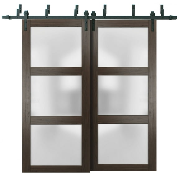 Sliding Closet Frosted Glass Barn Bypass Doors 64 x 80 inches | Lucia 2552 Chocolate Ash | Sturdy Top Mount 6.6ft Rails Hardware Set | Wood Solid Bedroom Wardrobe Doors