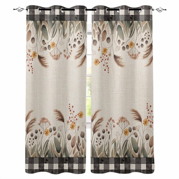 Fsddascl Farmhouse Flowers Blackout Curtains for Bedroom/Living Room, Thermal Insulated Kitchen Curtains, Retro Country Floral Herbs Black Plaid Grommet Darkening Window Treatment Drapes 42"x63"x2
