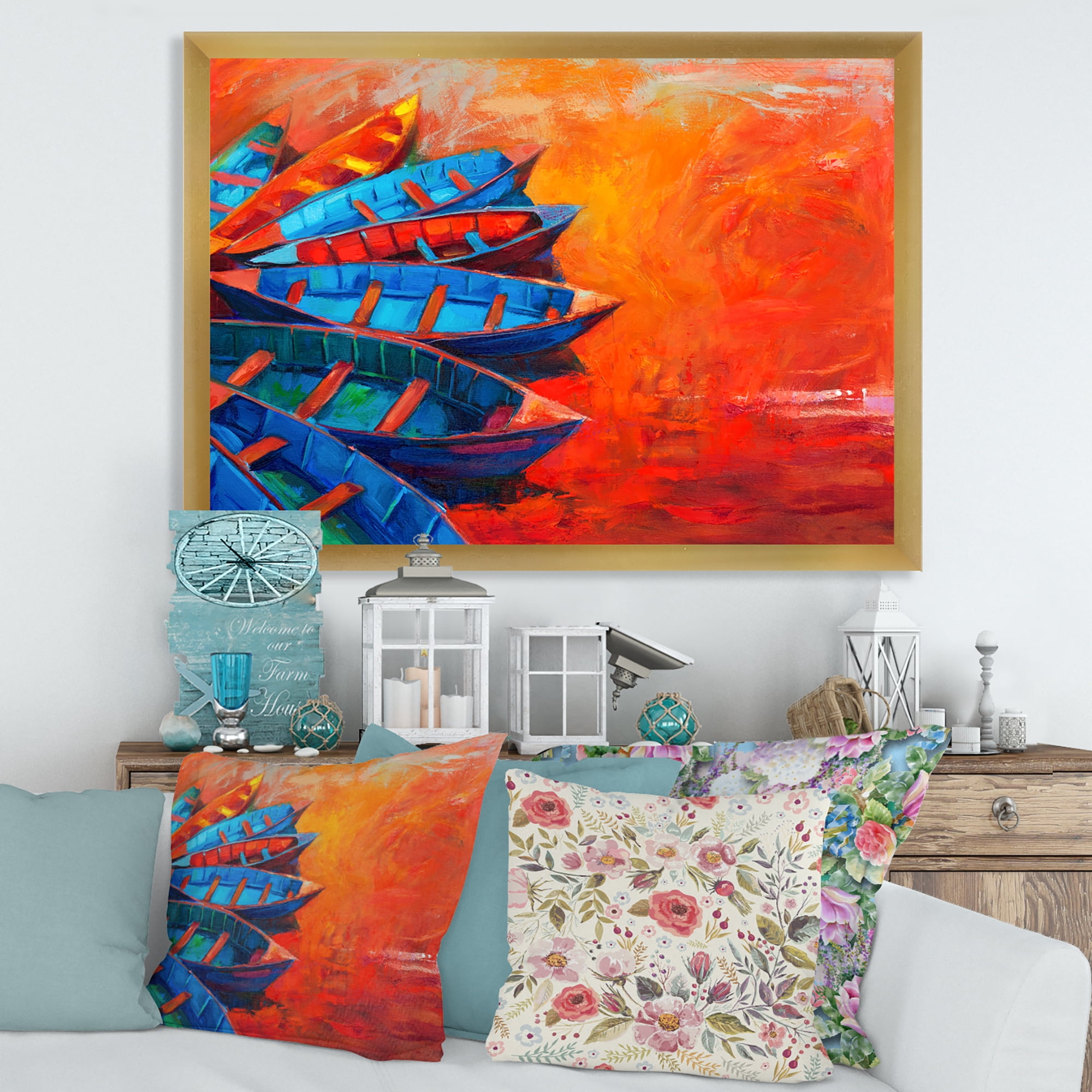 Boats During Warm Sunset Resting On The Water V 32 in x 16 in Framed Painting Canvas Art Print, by Designart