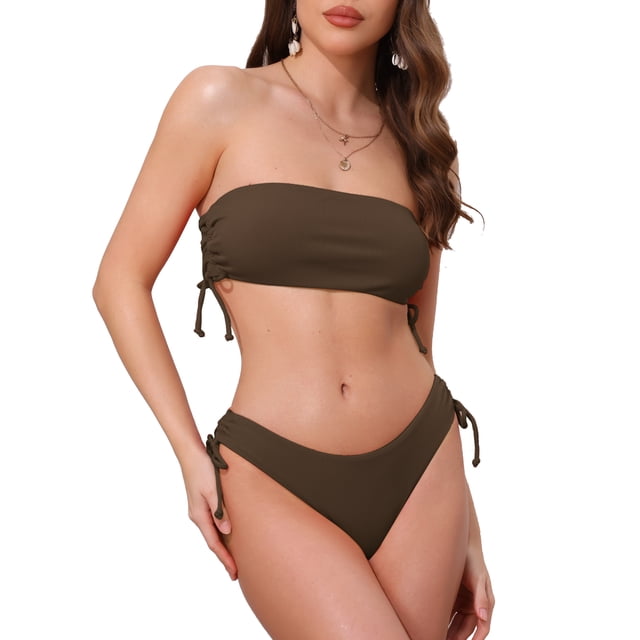 INSPIRAR CHIC Conjuntos de Bikini de Dos Piezas para Mujeres con Tirantes de Banda y Lazo Lateral, Parte Superior Sin Tirantes y Parte Inferior en Forma de Triángulo, Trajes de Baño en Marrón Medio