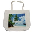 thumbnail image 1 of Ocean Shopping Bag, Beach and Coconut Tree Mahe Island in Seychelles Tranquil Coastal Image Print, Eco-Friendly Reusable Bag for Groceries Beach and More, 15.5" X 14.5", Cream, by Ambesonne, 1 of 2