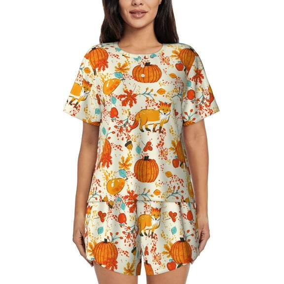 Logiee Pumpkin Fall Pears Print Womens Pajamas Set,Short-Sleeve Pajama 2 Piece Sleepwear with Pockets-Small