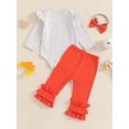 thumbnail image 5 of Baby Toddler Girl Halloween Outfit, 0 3 6 12 Months Ghost Letter Print Long Sleeve Romper Elastic Waist Ruffle Pants Bow Headband 3 Piece Clothing Set, 5 of 9