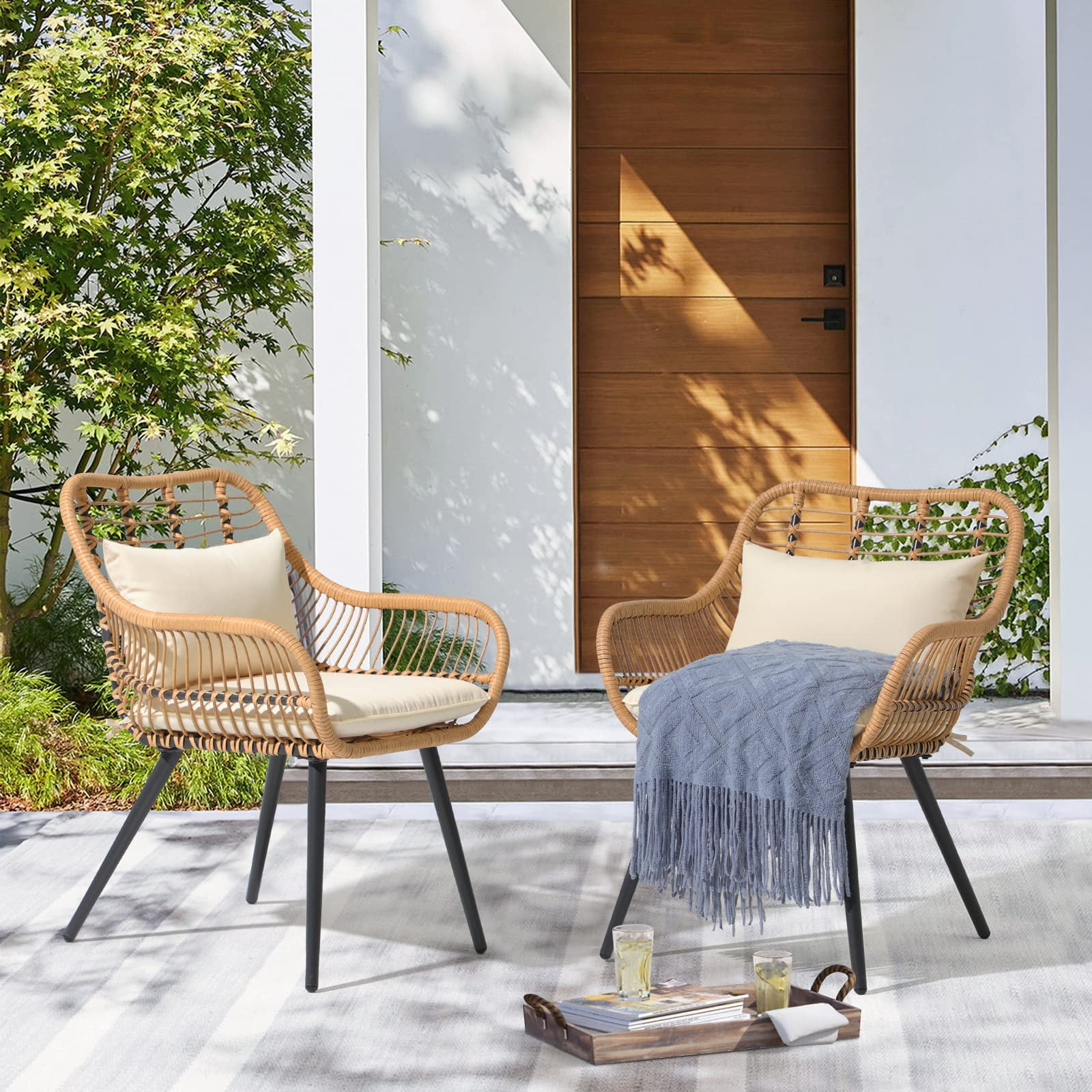JOIVI Outdoor Wicker Chairs Set of 2, Patio Dining Chair with Cushions, All-weather Rattan Porch Chairs with Armrest for Outside Lawn, Balcony, Garden, White