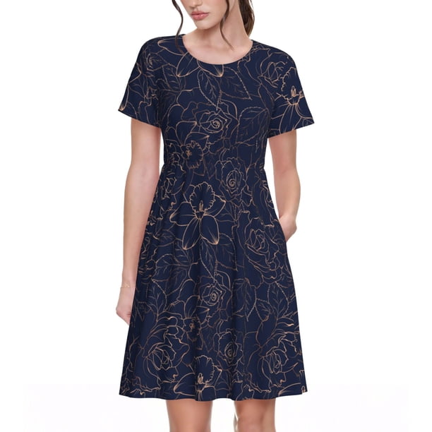 Fotbe Navy Dark Blue Vestido Largo de Moda para Mujer, Vestido Tipo Camiseta con Manga Corta y Estilo Casual a Rayas y Bloques de Color
