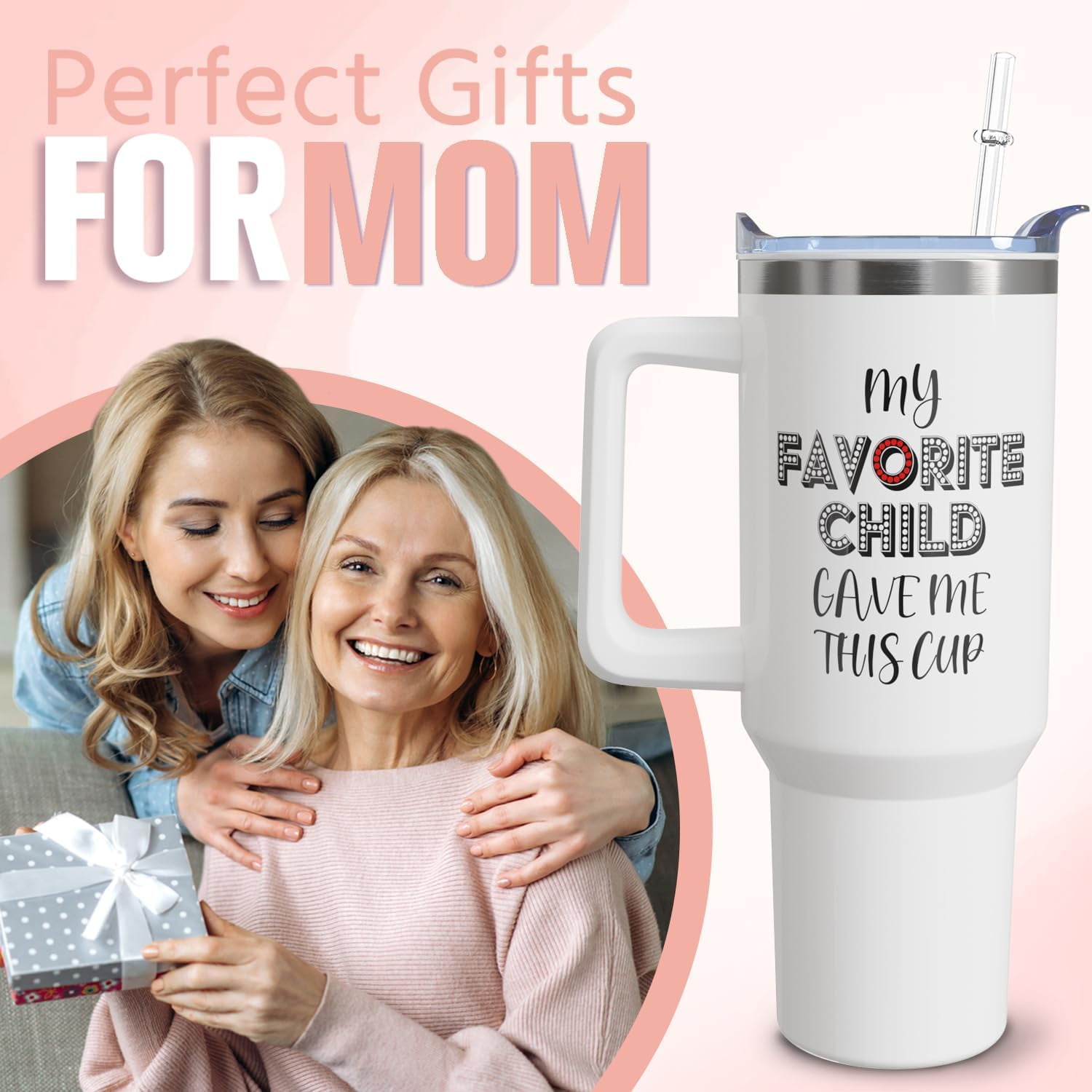Mothers Day Gifts for Mom - 40 oz Tumbler with Handle and Straw, Vacuum Insulated Water Bottle Stainless Steel, Leak Proof Travel Mug Funny Mama Cup for Women Birthday Christmas Gift from Daughter Son