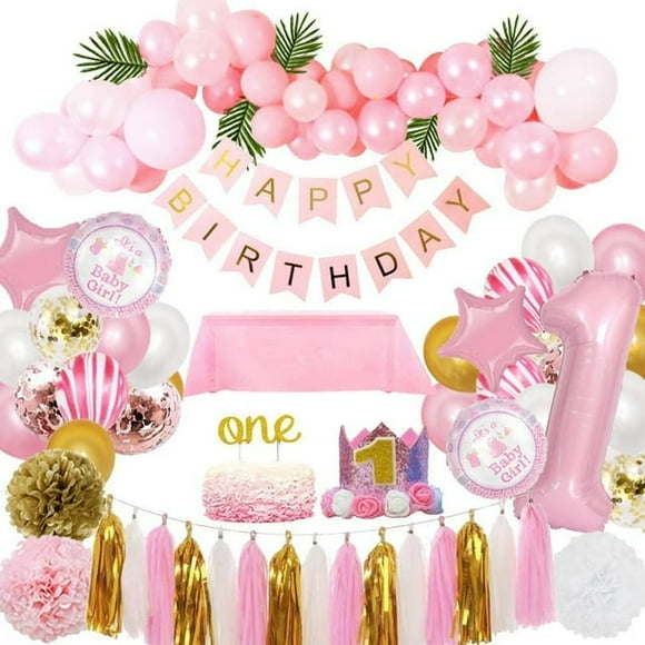 1st BIRTHDAY DECORATIONS for Girl Pink Theme Kit Set- Baby Girl 1st Birthday Party,Cake Topper Flower Crown Tiara Cap Headband Paper Tassel happy birthday Banner, Fiesta Pink Hanging Paper Fan Flower