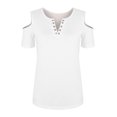 thumbnail image 4 of Camiseta holgada de manga corta con hombros descubiertos informal de color sólido de verano a la moda para mujer Pompotops hkajfhjk471316, 4 of 5