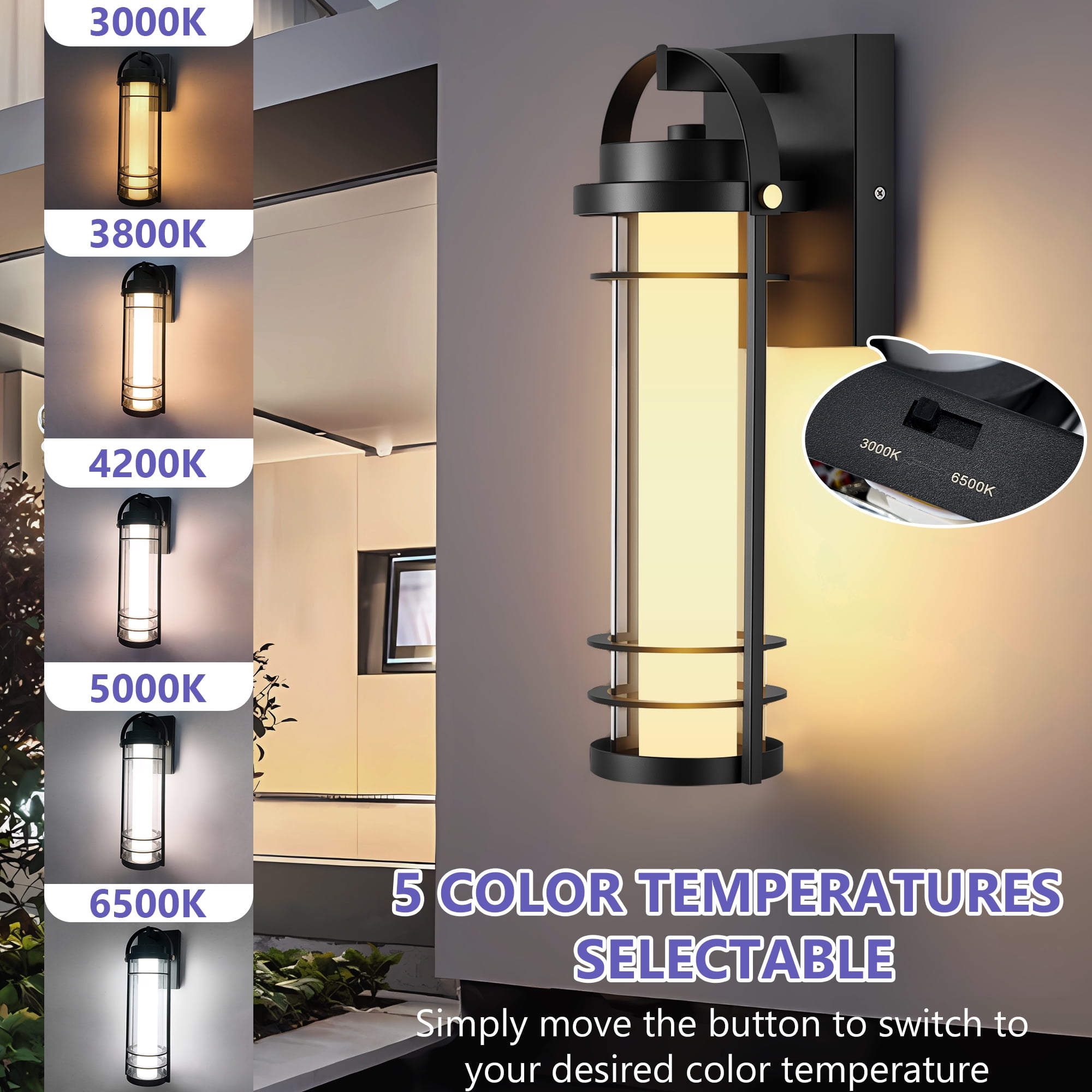 GCGAFUL 2-Pack LED Outdoor Wall Sconce, 15 in.Black Modern Exterior Light Fixture, Integrated Waterproof Hardwired Cylinder Lantern for Patio Garage Front Door Entryway