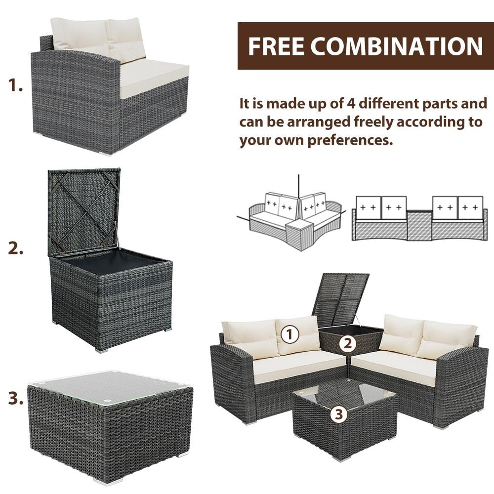 Rattan Patio Sofa Set, 4 Pieces Outdoor Sectional Furniture, All-Weather PE Rattan Wicker Patio Conversation, Cushioned Sofa Set with Glass Table & Storage Box for Patio Garden Poolside Deck