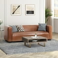 thumbnail image 2 of GDF Studio Minkler Contemporary Faux Leather 3 Seater Sofa, Cognac Brown and Dark Walnut, 2 of 7
