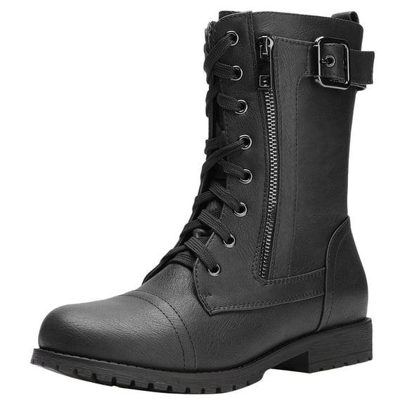 Dream Pairs Women Fashion Military Combat Boots Lace Up Mid Calf Boots Comfort Walking Boots Shoes for Women Mission Black Size 8