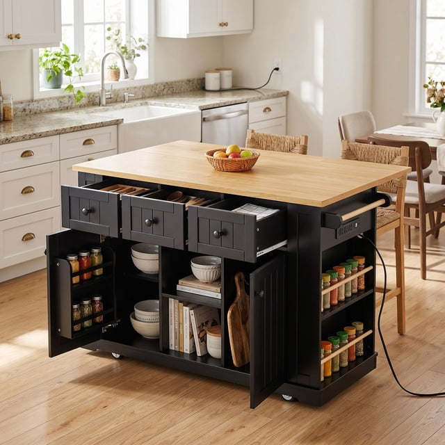 Homy Casa 53" Kitchen Island Cart with Foldable Countertop, Power Outlets & Storage, Black