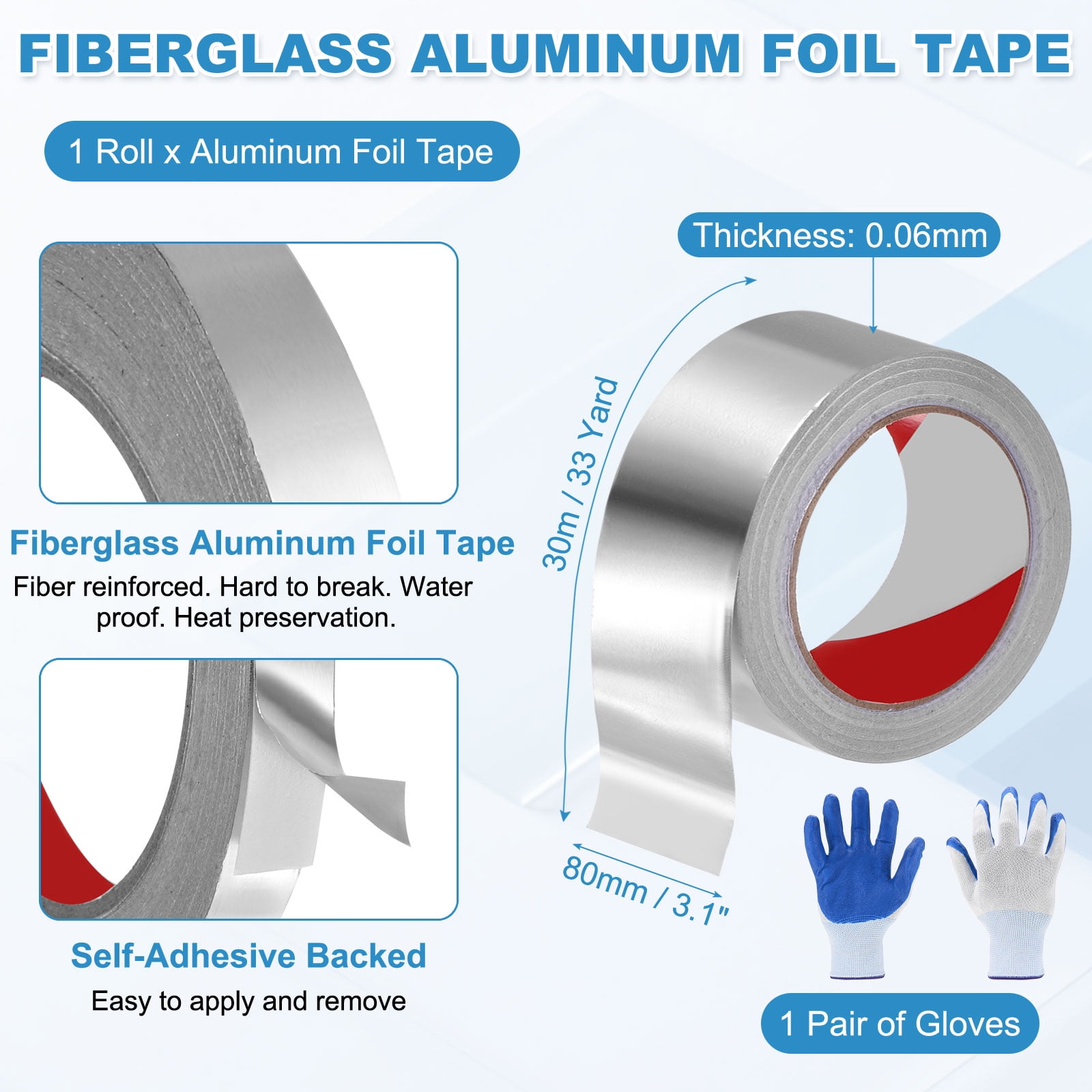 Uxcell 1 Pack Aluminum Foil Tape, 33 Ftx3.1inx2.4mil Heavy Duty HVAC Tape Metal Duct Tapes Heat Resistant Tape Insulation Tapes with Gloves for Air Ductwork, Dryer Vent, HVAC Sealing
