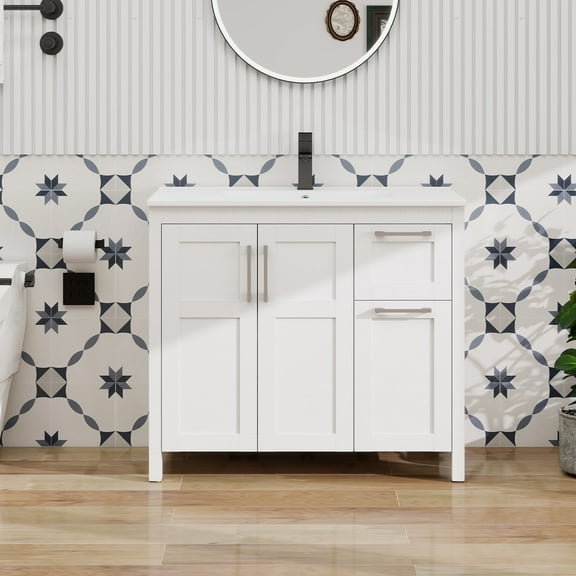 ELECWISH 36 Inches Bathroom Vanity in White Finish with Undermount Ceramic Sink, Single Bathroom Vanity with Top, 2-Door Cabinet and 2 Drawers