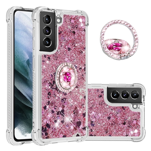 Funda para Samsung Galaxy S21 Plus 5G con Brillo Líquido Flotante, Purpurina, Parachoques y Anillo Giratorio Soporte