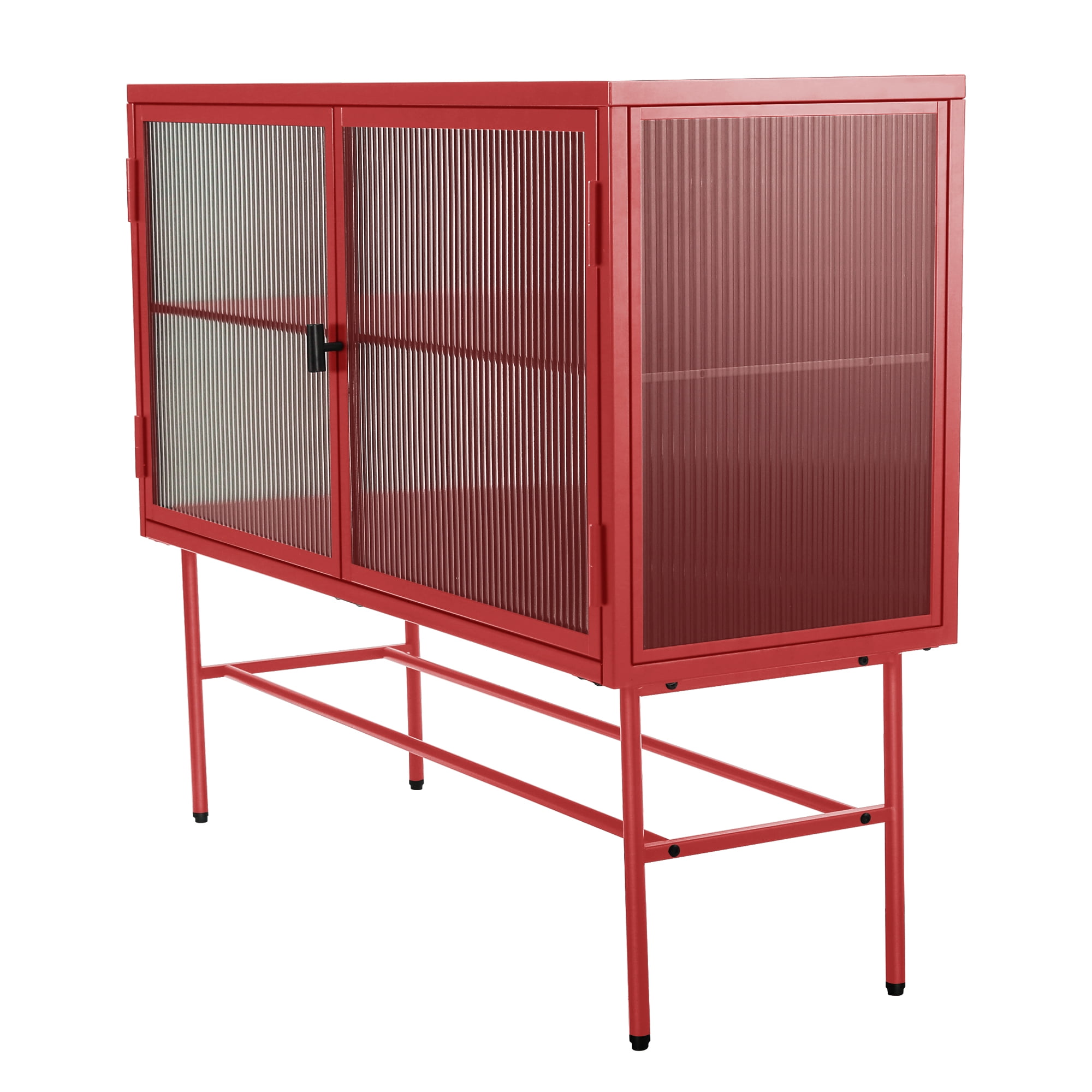 Red Credenza Sideboard Buffet With Two Fluted Glass Doors Detachable