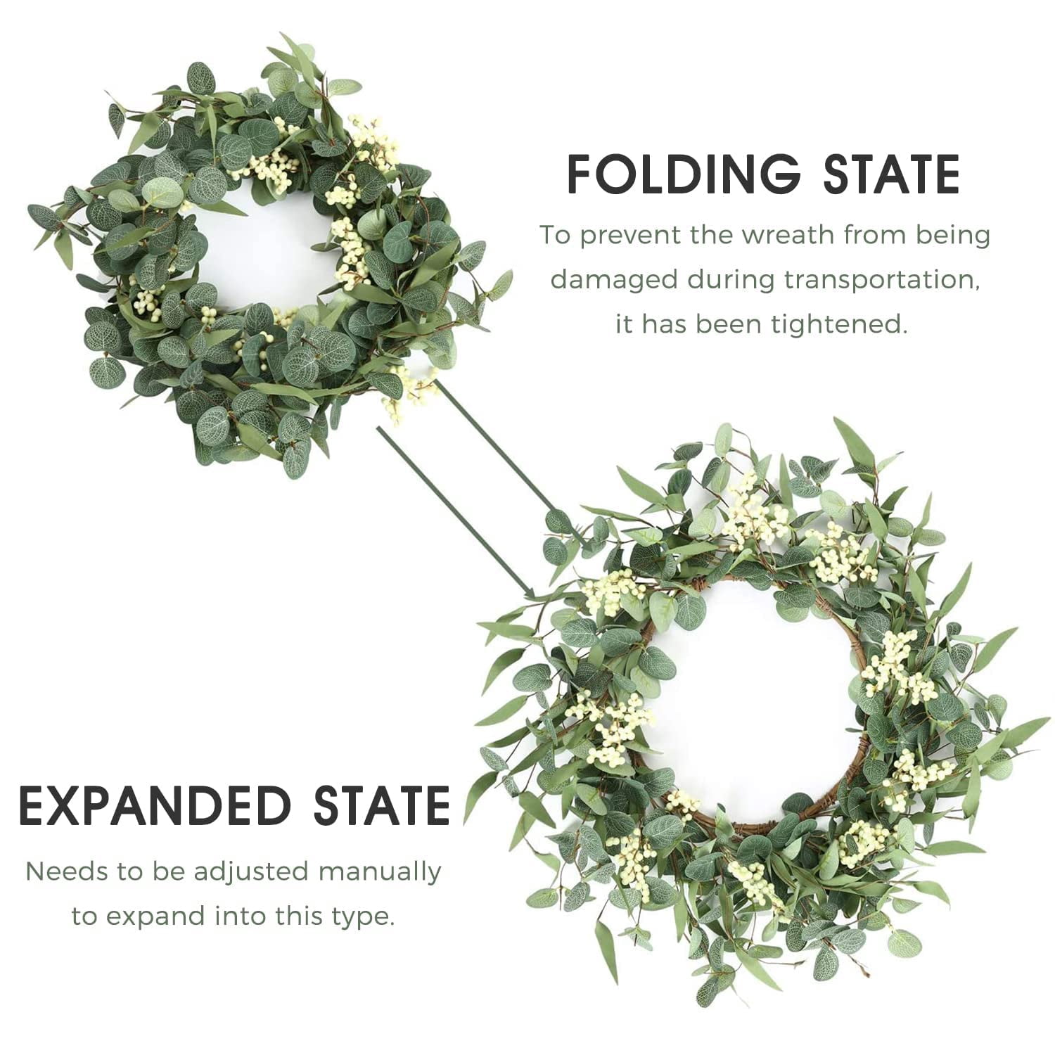 16'' Eucalyptus Wreath for Front Door, Porch, Window - Green Decor for Home, Farmhouse - Spring, Summer, Fall, All Seasons