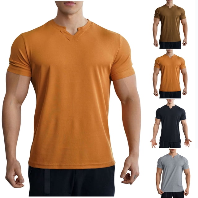 Fanxing T-Shirts de Musculation pour Hommes Gris Été Col en V Manches Courtes Athlétiques L