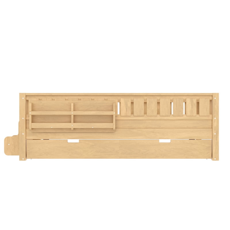 Bellemave Twin Bed with Trundle and Small Stairs, Twin Size Platform Bed Frame with Rail and Bookshelf, Wooden Montessori Floor Bed No Box Spring Needed,Light Natural
