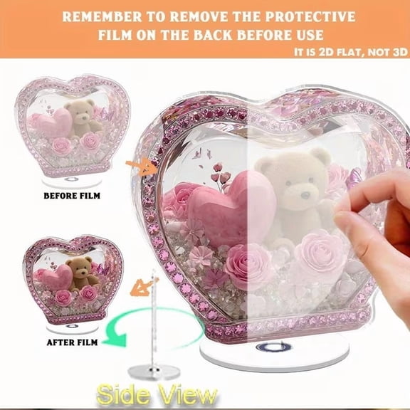 HBBKVI Valentines Day Rotating Base Heart Shaped Rose Teddy Bear Acrylic Flat Decoration Anniversary Gift