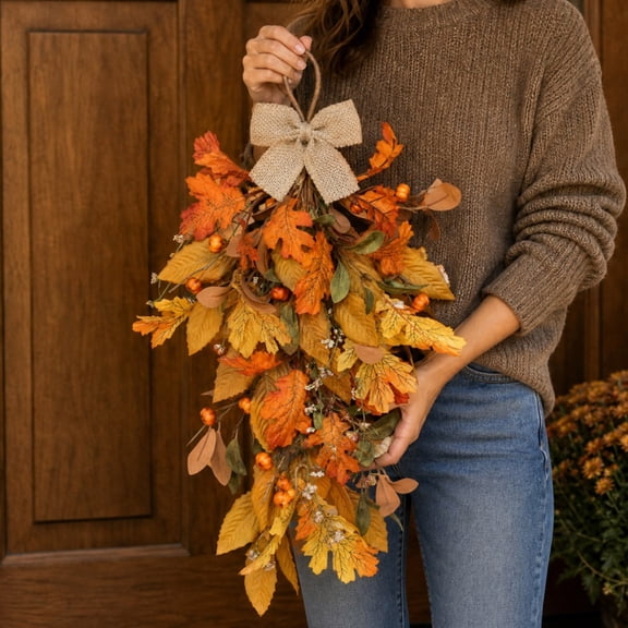 HHJZPR Artificial Fall Maple Leaf Teardrop Door Swag, 26.1in Burlap Bow Orange Berry Autumn Hanging Wreath, Farmhouse Thanksgiving Front Porch Wall Decor