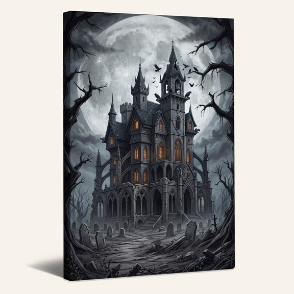 Gothic Castle With Glowing Windows Under Full Halloween Canvas Wall Art