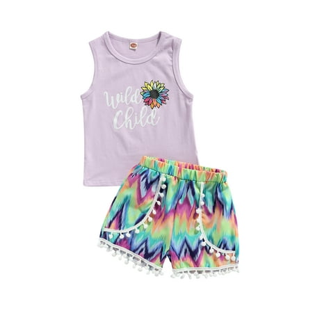 

Toddler Baby Girl Sleeveless Print Tank Top Vest Color Block Shorts with Pom Poms Summer Outfit Set