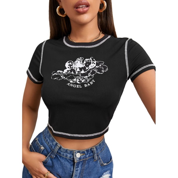 TRKIYQC Y2k, camiseta de verano para mujer, camisetas con estampado de pequeño ángel, camisetas de manga corta con cuello redondo y puntadas en contraste, Tops cortos para mujer, ropa de calle TRKIYQC perder