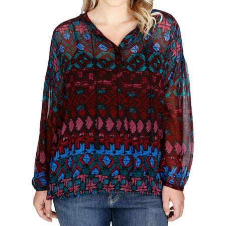 Lucky Brand Womens Plus Printed Long Sleeves Blouse