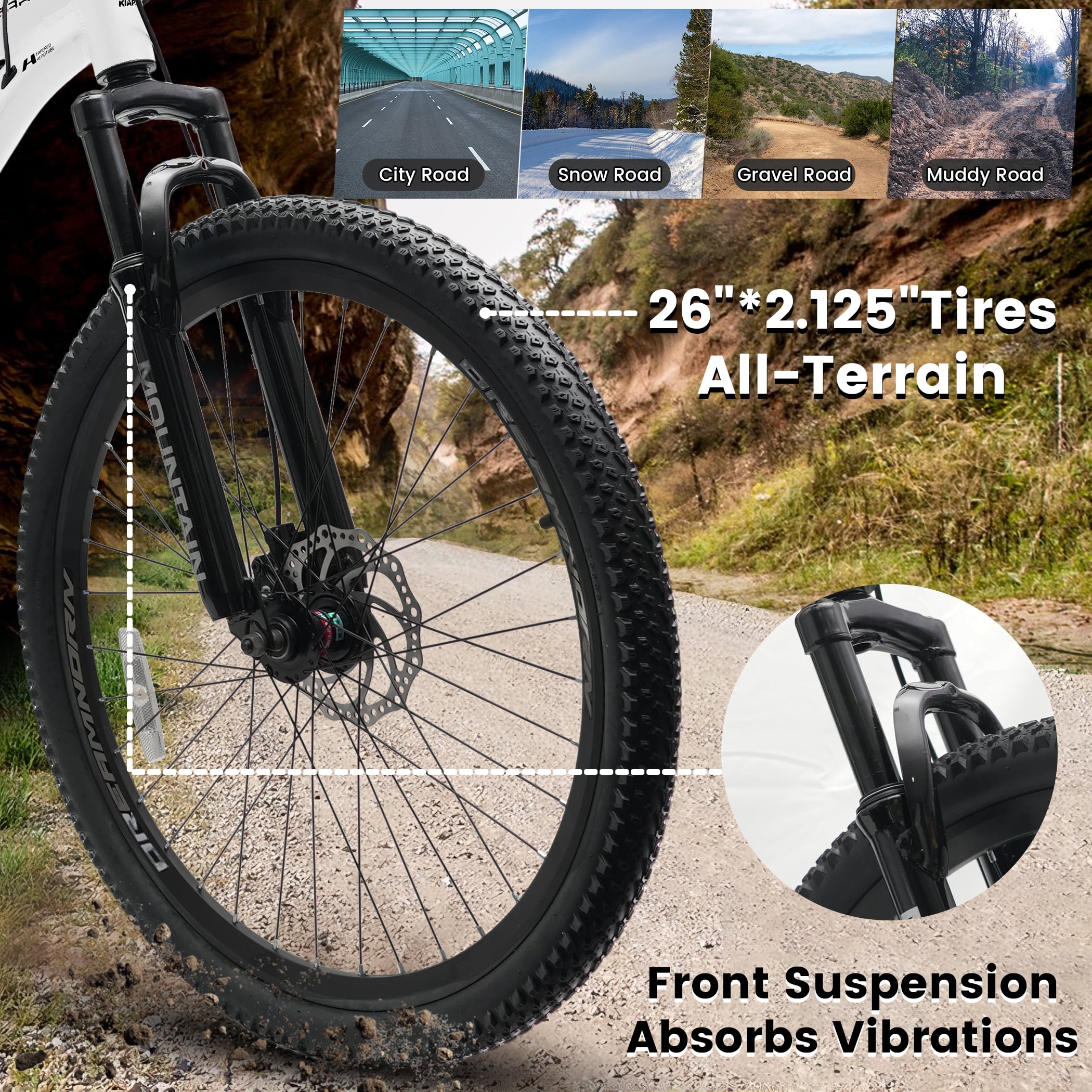 26 Inch Mountain Bike for Adult Men Women, 21-Speed Mountain Bicycle with Front Suspension and Dual Disc Brakes, Aluminum Alloy Frame MTB Bike for Outdoor Trail Commuter, White