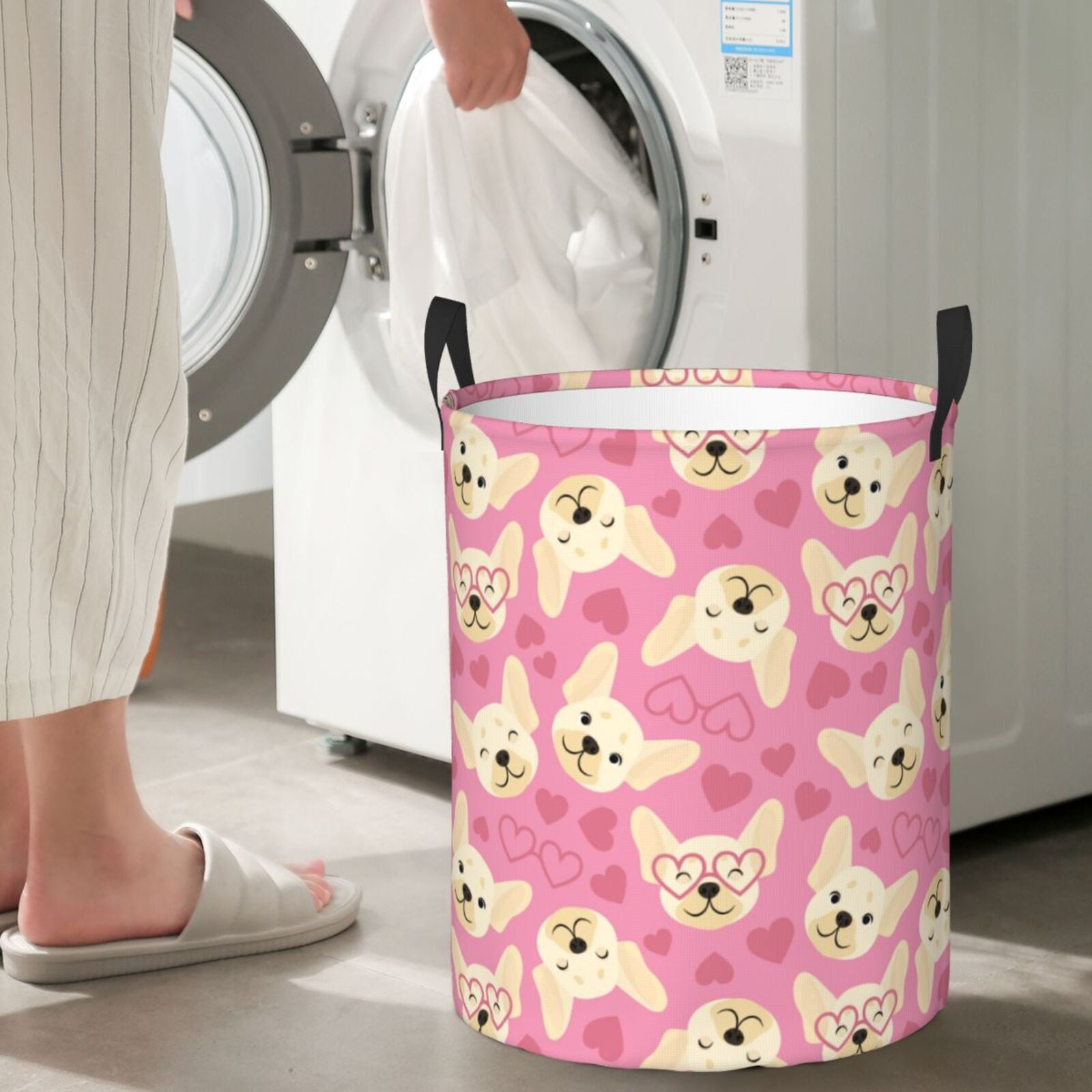 Large Laundry Basket with Handles - Cute French Bulldog Love Glasses Kids Baby Dirty Clothes Laundry Hamper for Bedroom Aesthetic