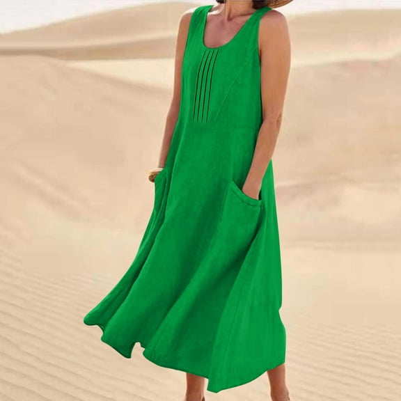 Xdegoge Casual Dress for Women Loose Flowy Scoop Neck Slip Dress Sleeveless Maxi Dress Pintuck Detail Solid Color Summer Daily Lounge Beach Vacation