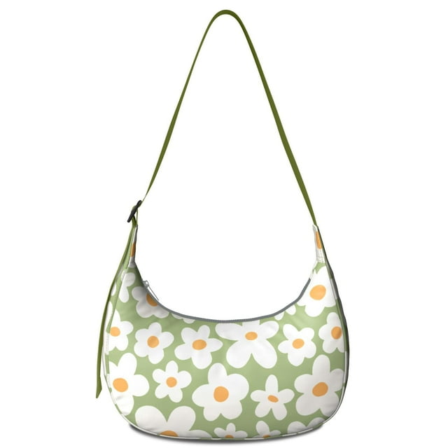 Boho Daisy Print Crescent Crossbody Bag Adjustable Strap Compact Nylon Dumpling Purse Perfect for Casual Outings and Travel