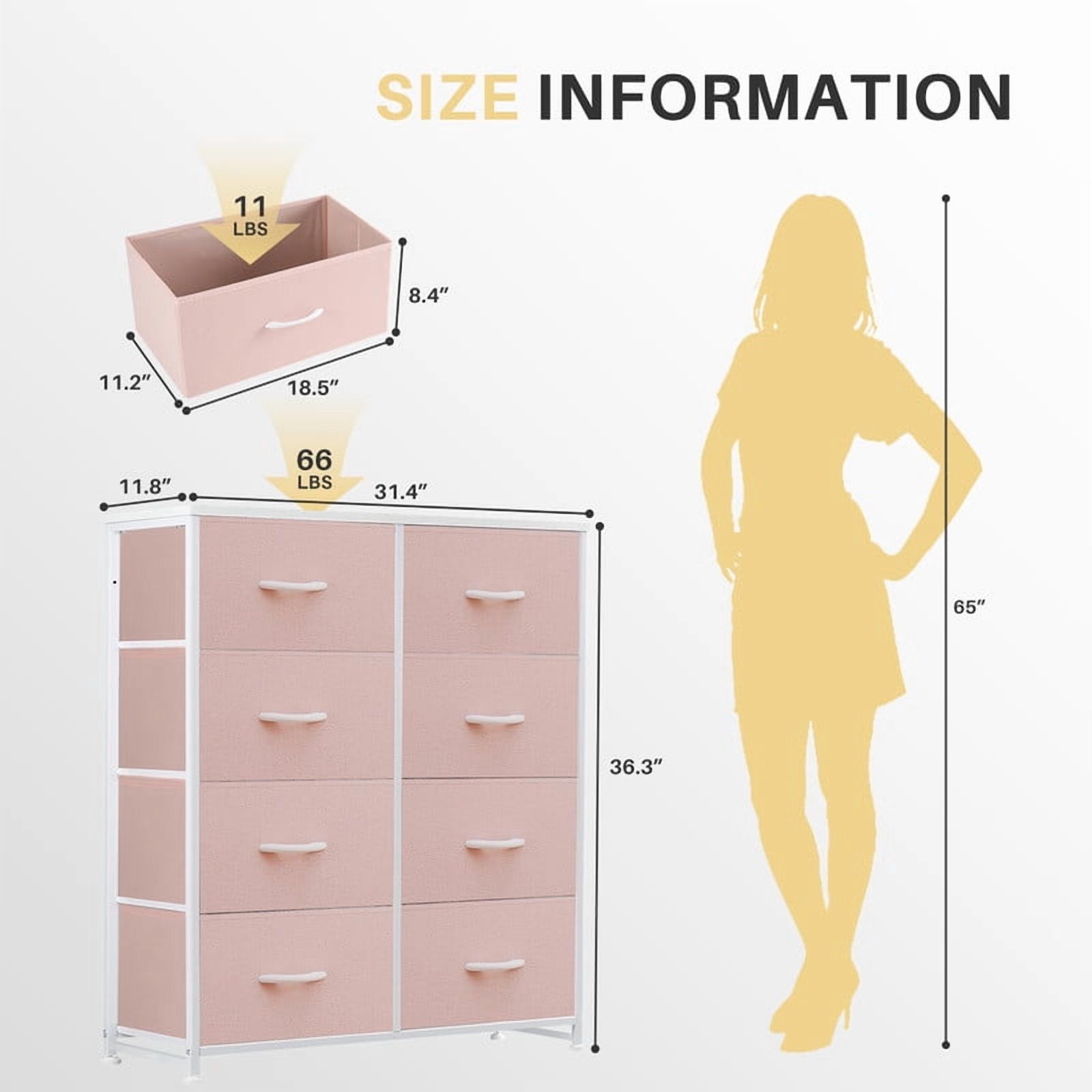 Bigleap 8-Drawer Dresser, Fabric Storage Tower for Bedroom, Hallway, Entryway, Tall Chest Organizer Unit with Fabric Bins,Pink
