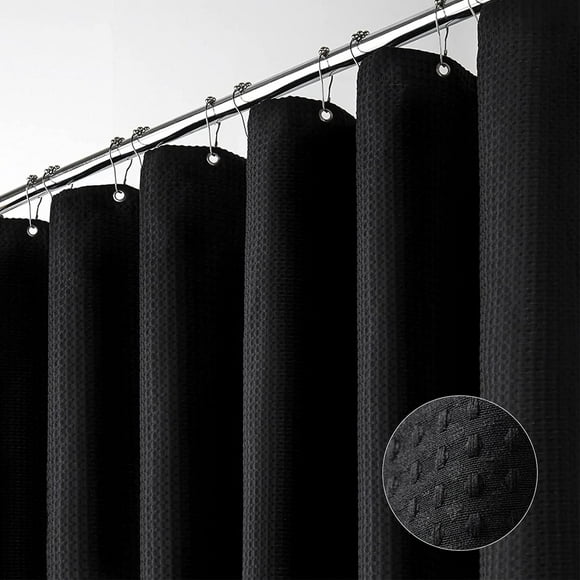 Dynamene Stall Fabric Shower Curtain - 54x78 inch Long Waffle Weave Weighted Thick Cloth Shower Curtains for Bathroom,Neutral Heavy Duty Hotel Spa Luxury Bath Curtain Set with 8 Plastic Hooks,Black